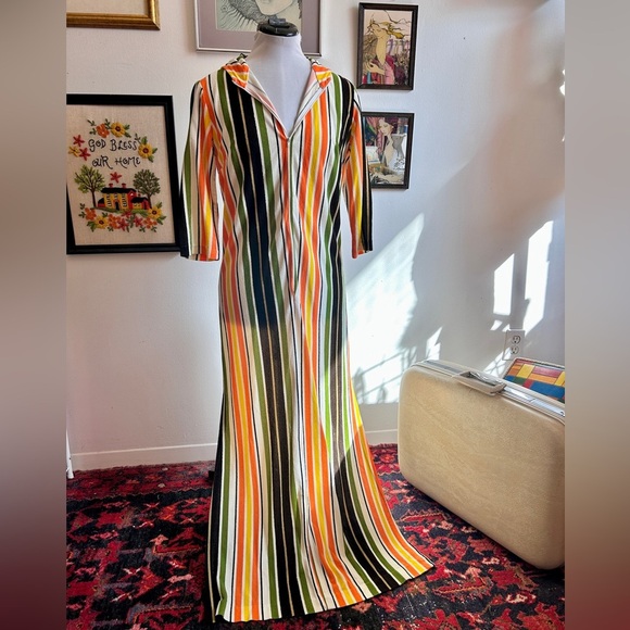 Vintage 1970s Striped Maxi Dress – Bold Retro Swimsuit Cover-Up - Picture 1 of 8